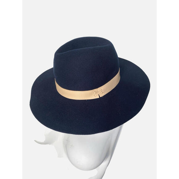 Hat Attack Accessories - NWT Hat Attack Womens 100% Wool Felt Brimmed Fedora Leather Trim Navy Blue Hat